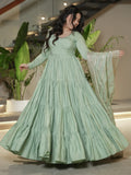 Fabulous Pista Green Chanderi Anarkali Suit With Banarasi Silk Dupatta - Zeel Clothing