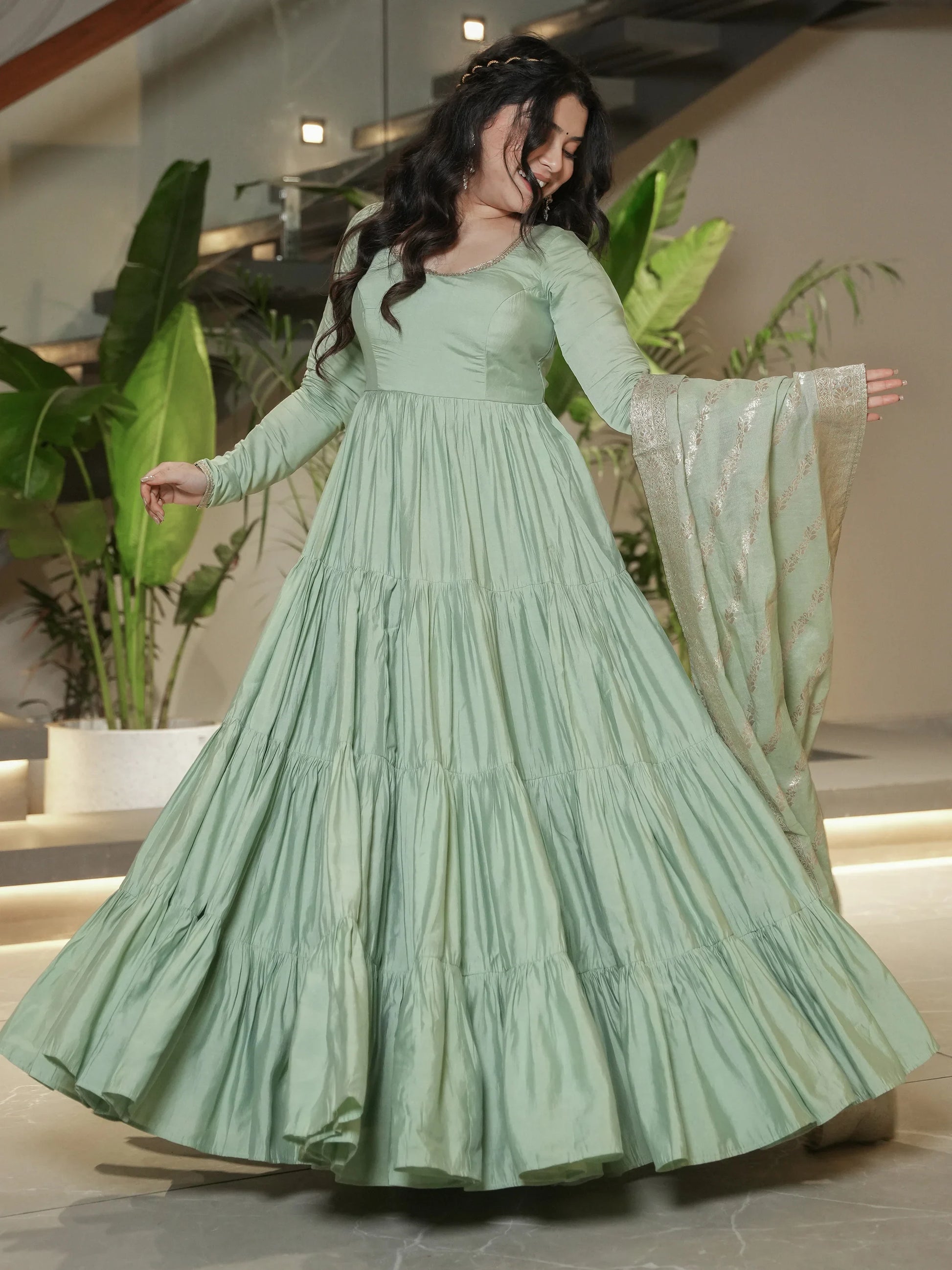 Fabulous Pista Green Chanderi Anarkali Suit With Banarasi Silk Dupatta - Zeel Clothing