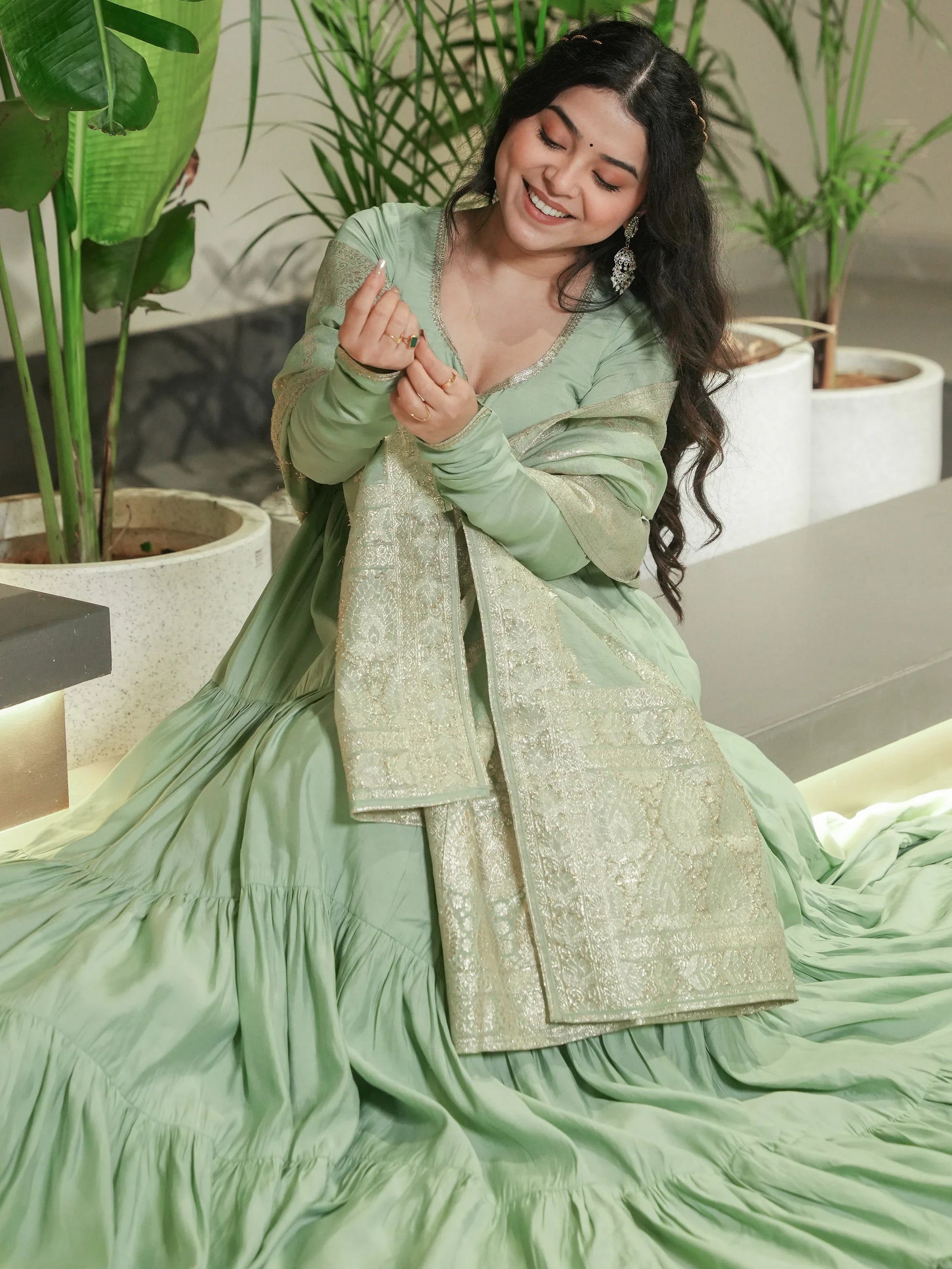 Fabulous Pista Green Chanderi Anarkali Suit With Banarasi Silk Dupatta - Zeel Clothing