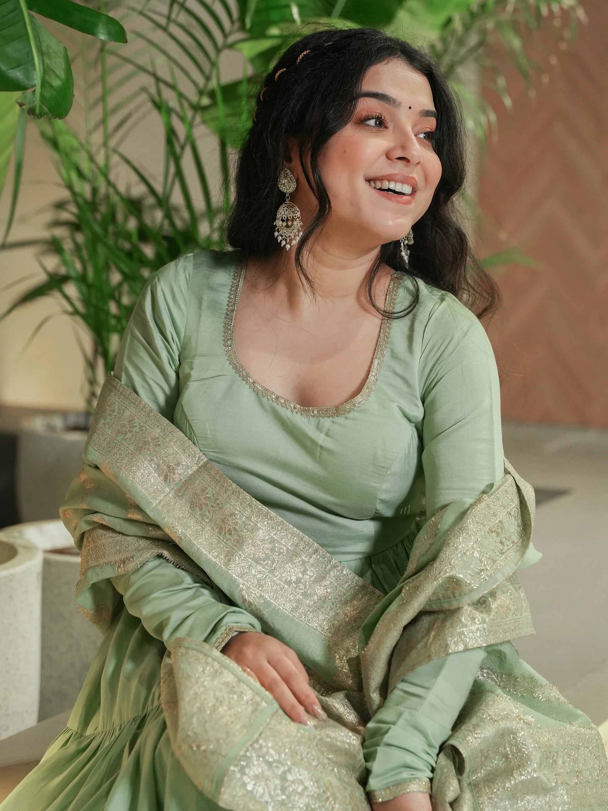 Fabulous Pista Green Chanderi Anarkali Suit With Banarasi Silk Dupatta - Zeel Clothing