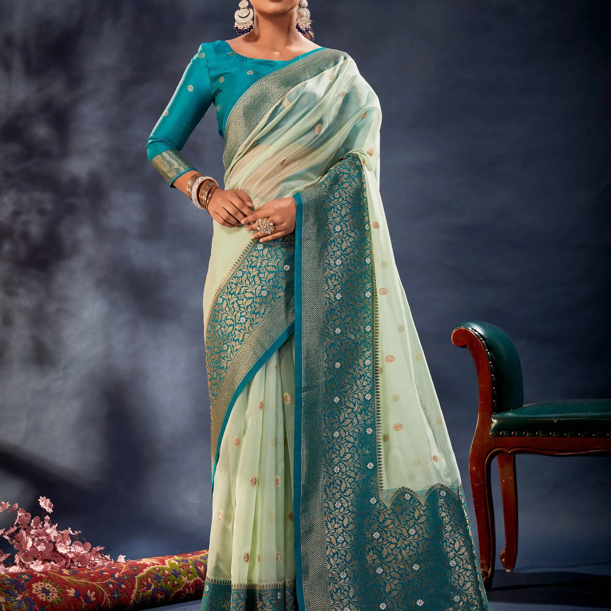 Fabulous Pista Green Woven Organza Silk Festival Wear Saree - Zeel Clothing