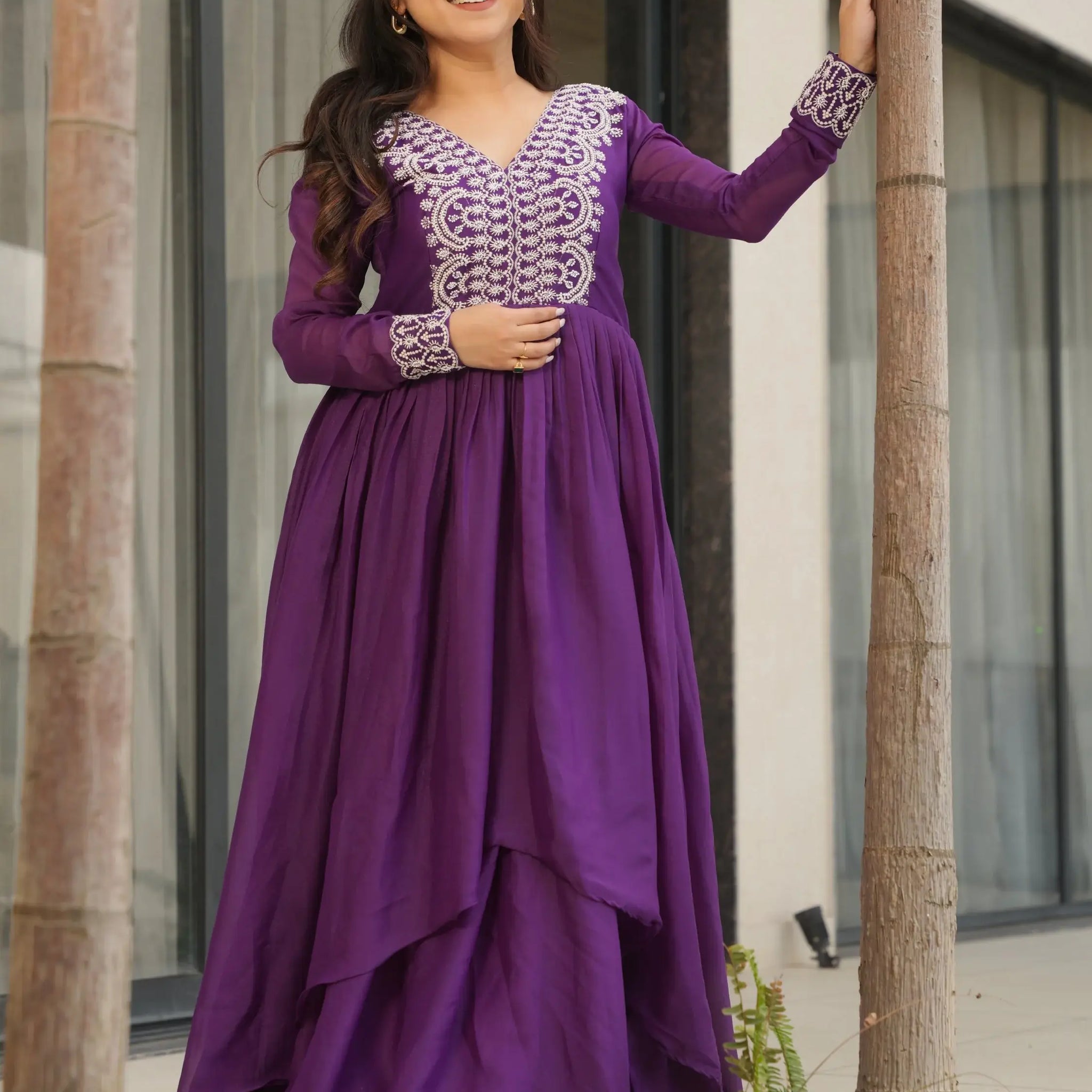 Fabulous Purple Cutdana Embroidery Georgette Wedding Wear Gown - Zeel Clothing