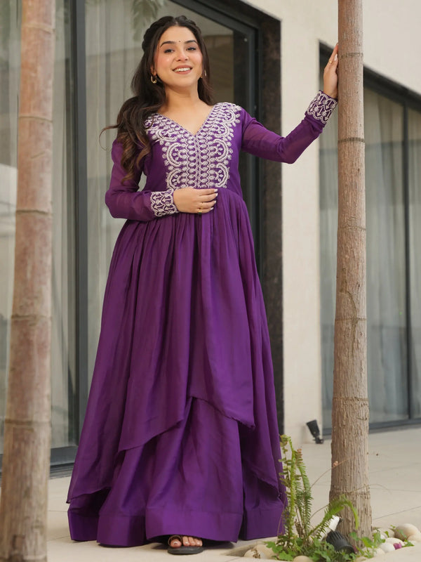 Fabulous Purple Cutdana Embroidery Georgette Wedding Wear Gown - Zeel Clothing
