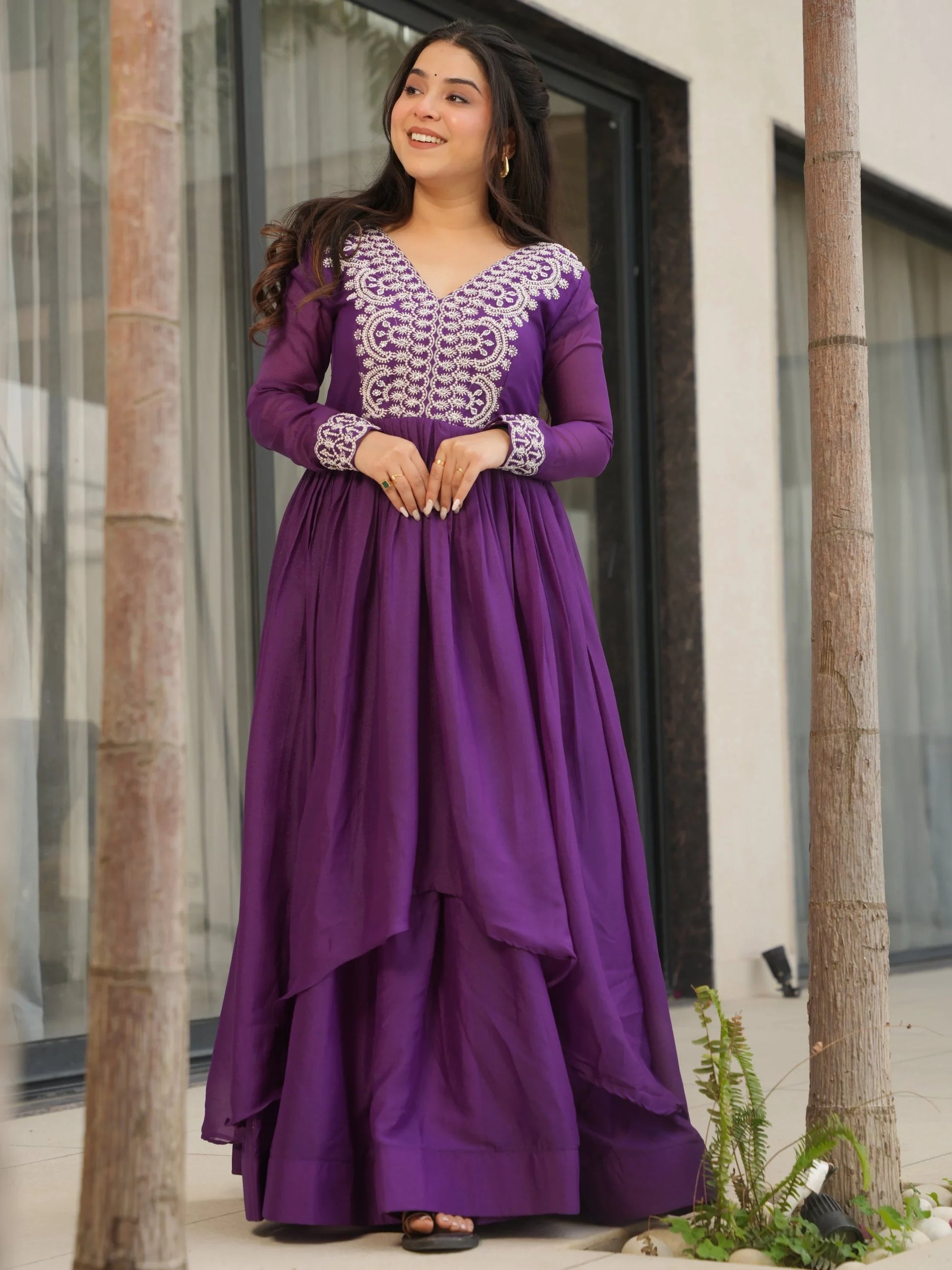 Fabulous Purple Cutdana Embroidery Georgette Wedding Wear Gown - Zeel Clothing