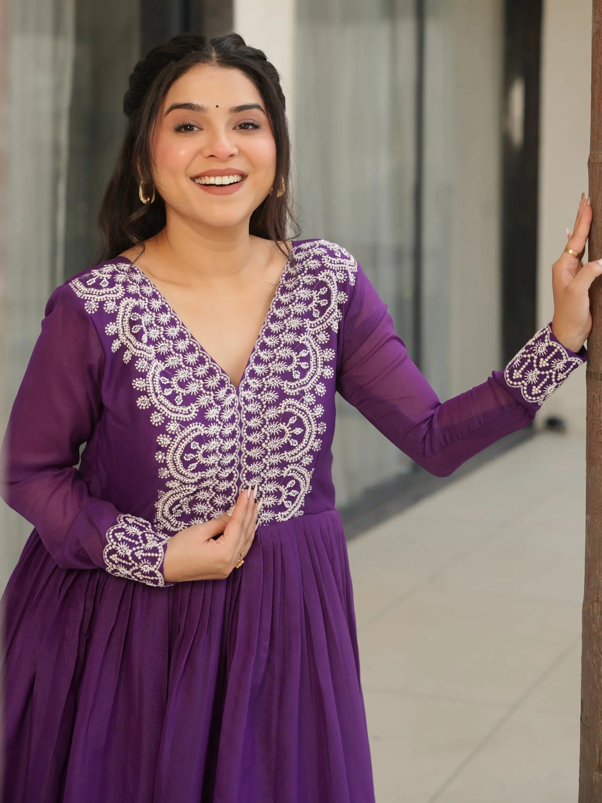 Fabulous Purple Cutdana Embroidery Georgette Wedding Wear Gown - Zeel Clothing