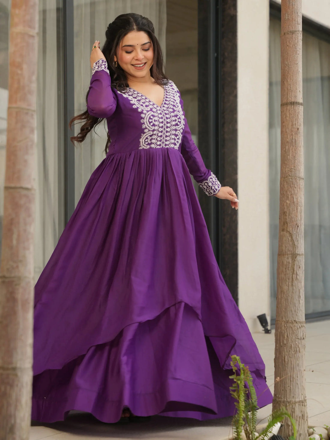 Fabulous Purple Cutdana Embroidery Georgette Wedding Wear Gown - Zeel Clothing