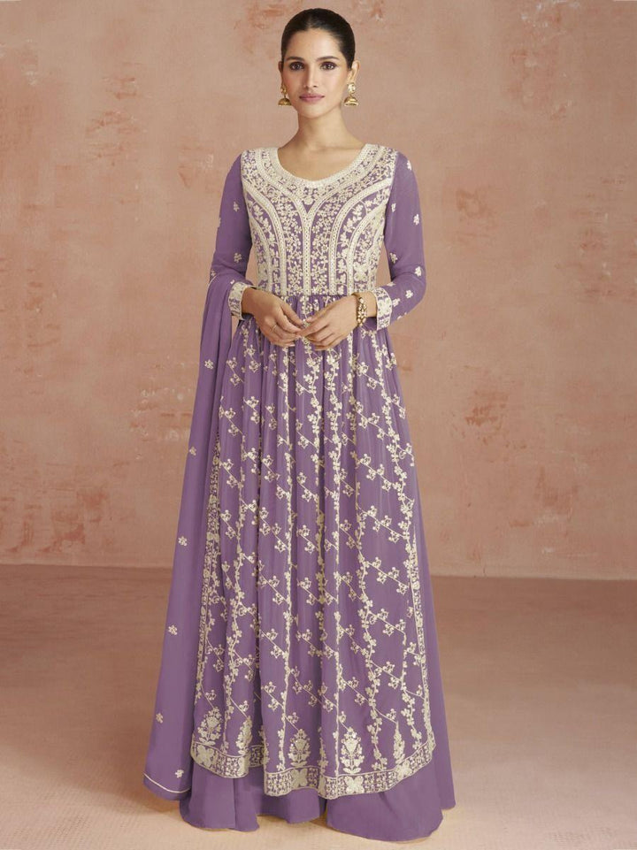 Fabulous Purple Embroidered Georgette Festival Wear Palazzo Suit