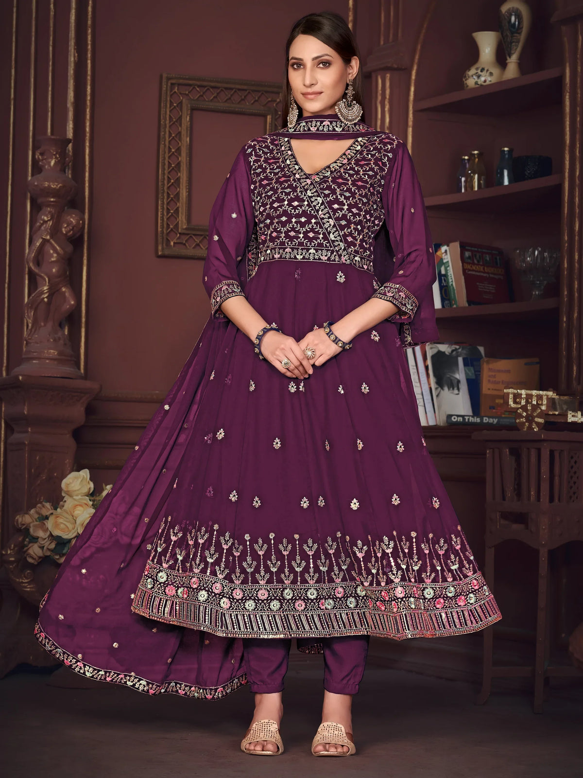 Fabulous Purple Embroidered Georgette Festive Wear Anarkali Suit - Zeel Clothing