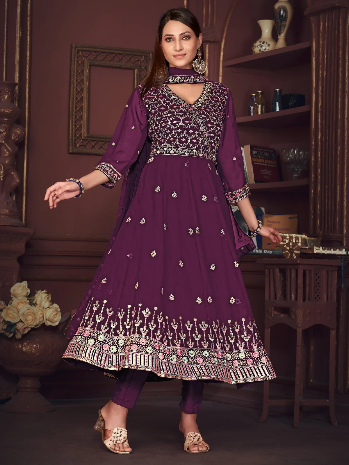 Fabulous Purple Embroidered Georgette Festive Wear Anarkali Suit - Zeel Clothing