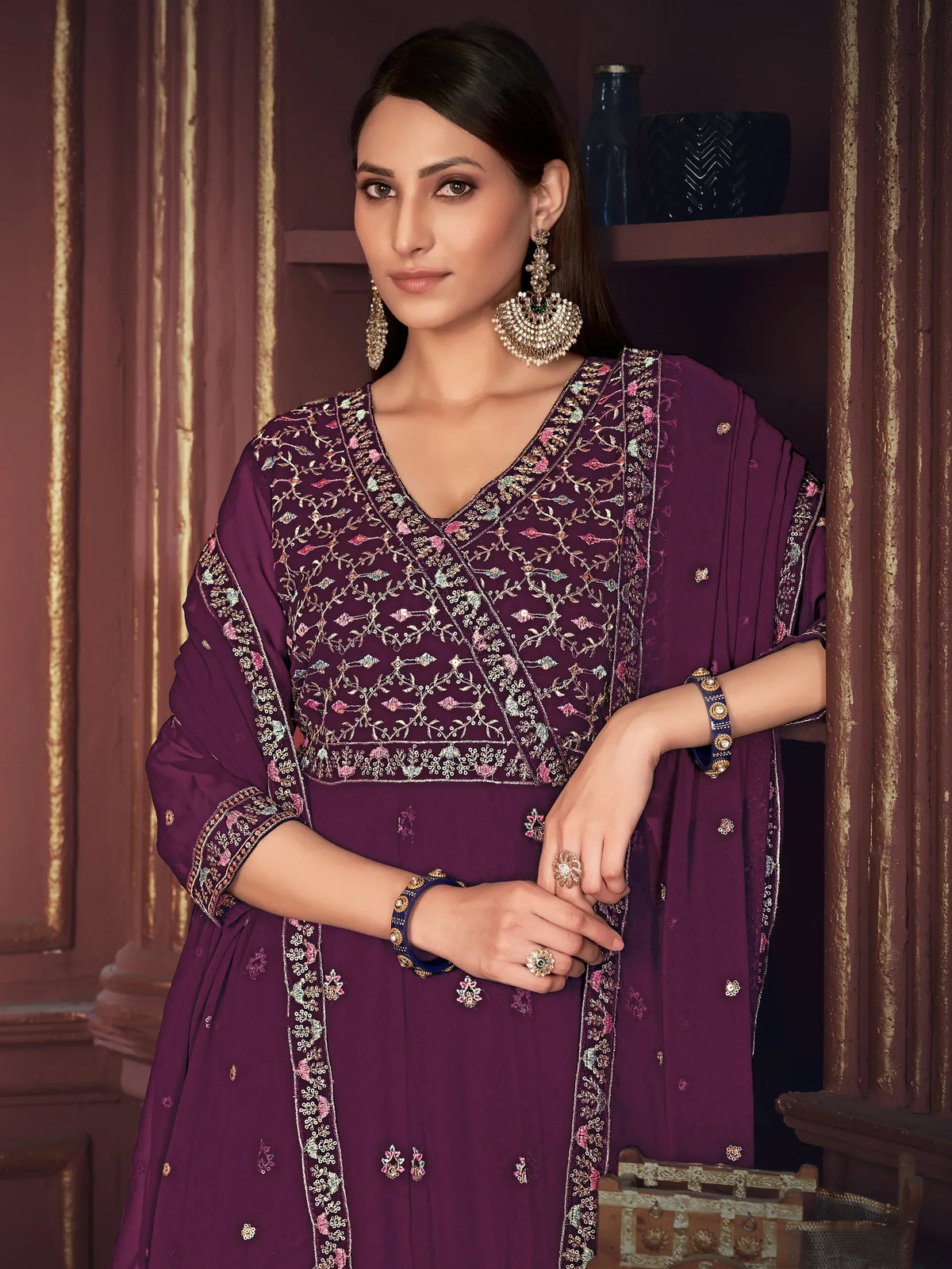 Fabulous Purple Embroidered Georgette Festive Wear Anarkali Suit - Zeel Clothing