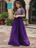 Fabulous Purple Embroidered Georgette Reception Wear Gown - Zeel Clothing
