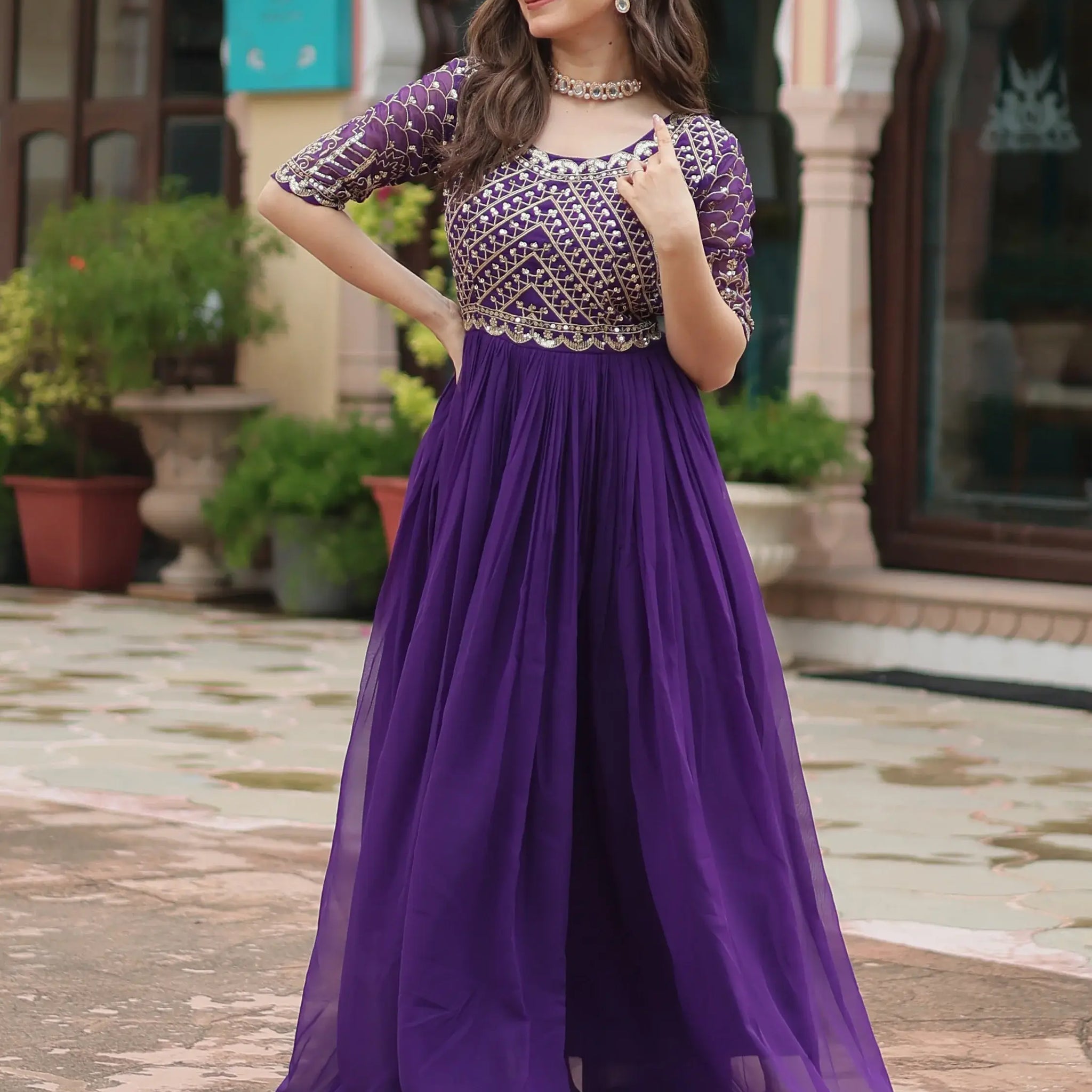 Fabulous Purple Embroidered Georgette Reception Wear Gown - Zeel Clothing