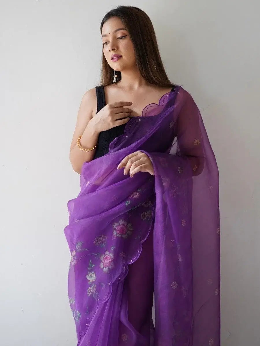 Fabulous Purple Floral Printed Organza Events Wear Saree With Blouse - Zeel Clothing
