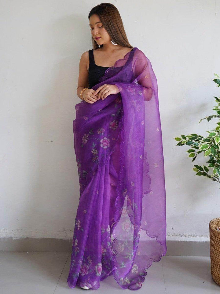 Fabulous Purple Floral Printed Organza Events Wear Saree With Blouse - Zeel Clothing