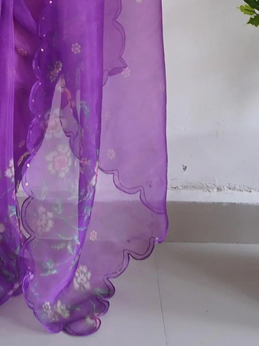 Fabulous Purple Floral Printed Organza Events Wear Saree With Blouse - Zeel Clothing