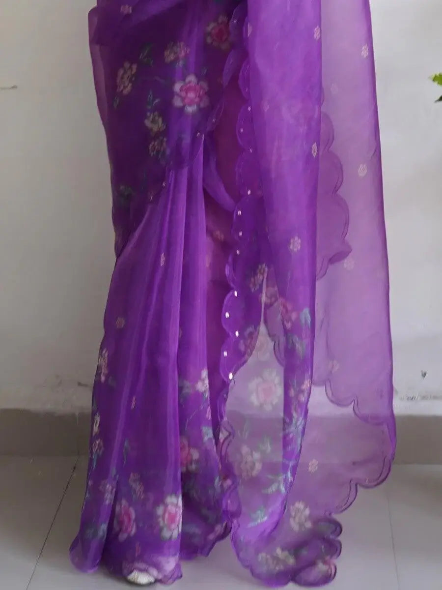 Fabulous Purple Floral Printed Organza Events Wear Saree With Blouse - Zeel Clothing