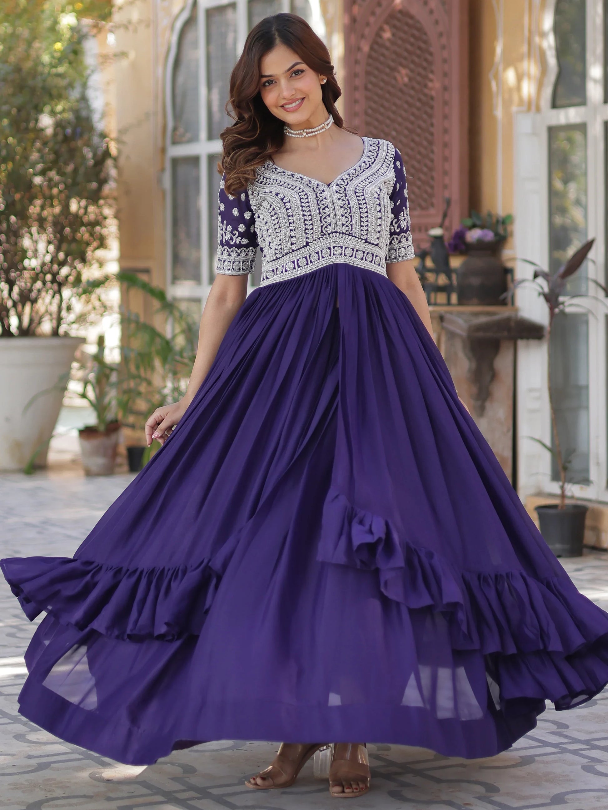 Fabulous Purple Peral Work Georgette Readymade Lehenga With Kurti - Zeel Clothing
