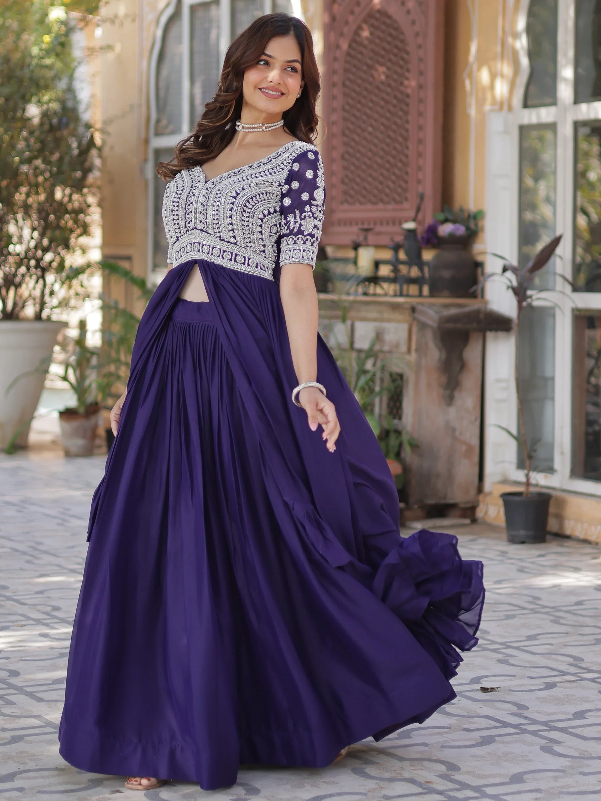 Fabulous Purple Peral Work Georgette Readymade Lehenga With Kurti - Zeel Clothing