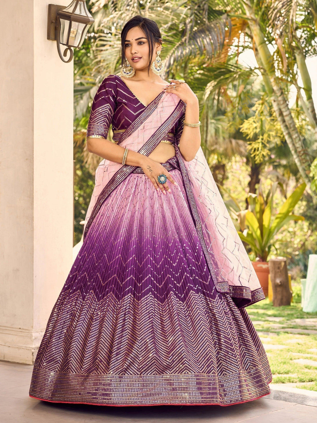 Fabulous Purple Sequins Chinon Traditional Lehenga Choli With Dupatta