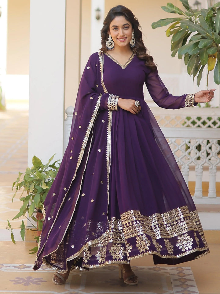 Fabulous Purple Sequins Georgette Festival Wear Gown With Dupatta