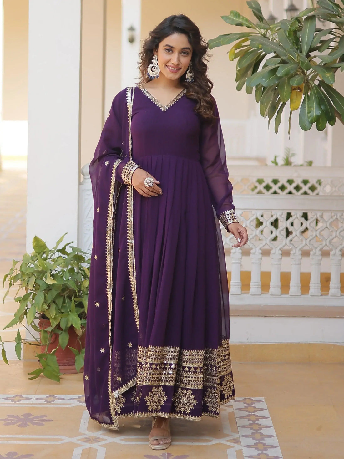 Fabulous Purple Sequins Georgette Festival Wear Gown With Dupatta - Zeel Clothing