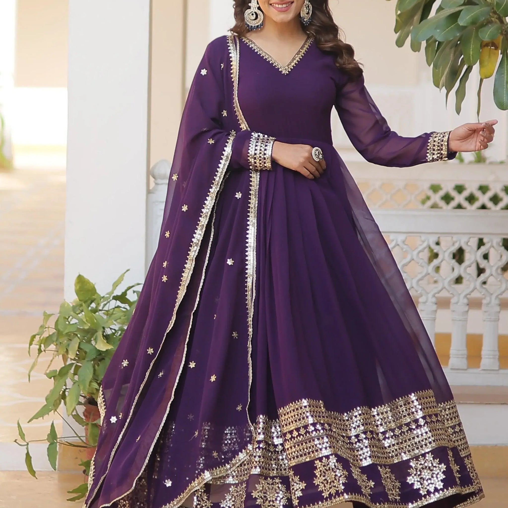 Fabulous Purple Sequins Georgette Festival Wear Gown With Dupatta - Zeel Clothing