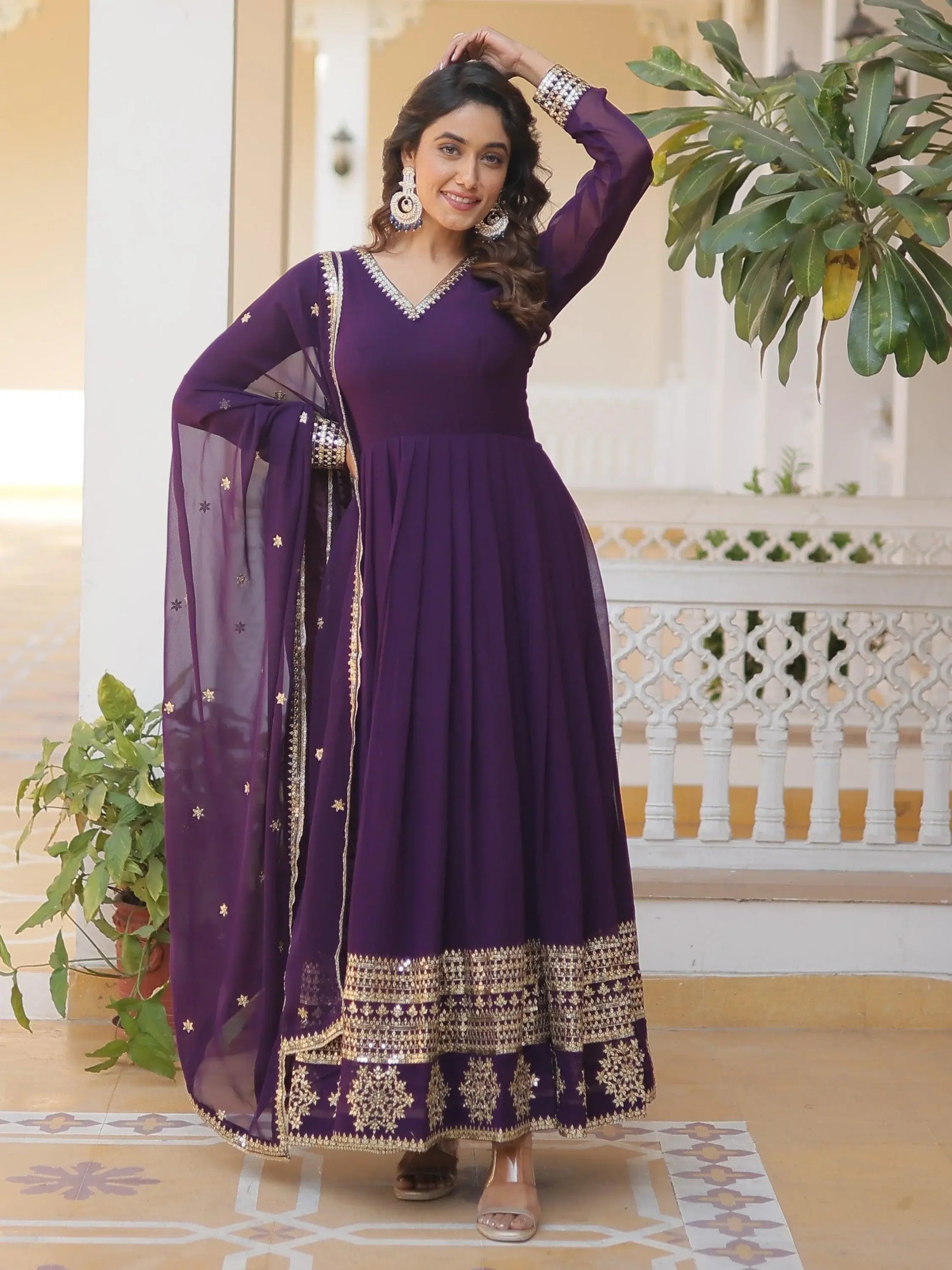 Fabulous Purple Sequins Georgette Festival Wear Gown With Dupatta - Zeel Clothing