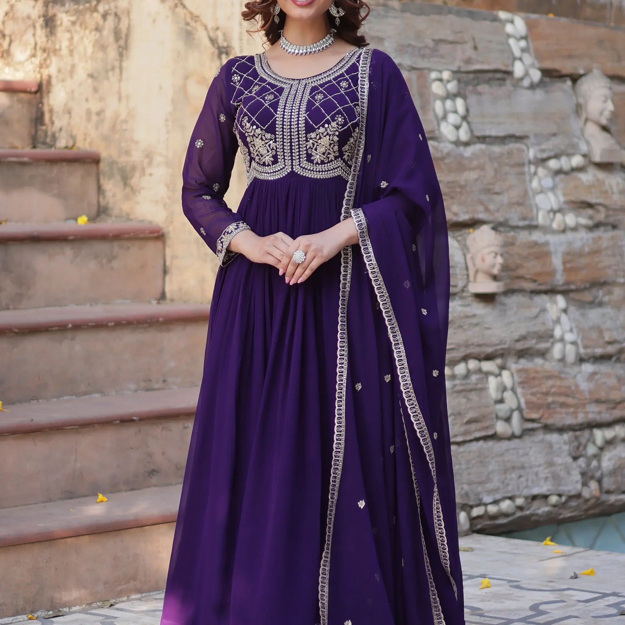 Fabulous Purple Sequins Georgette Traditional Gown With Dupatta - Zeel Clothing