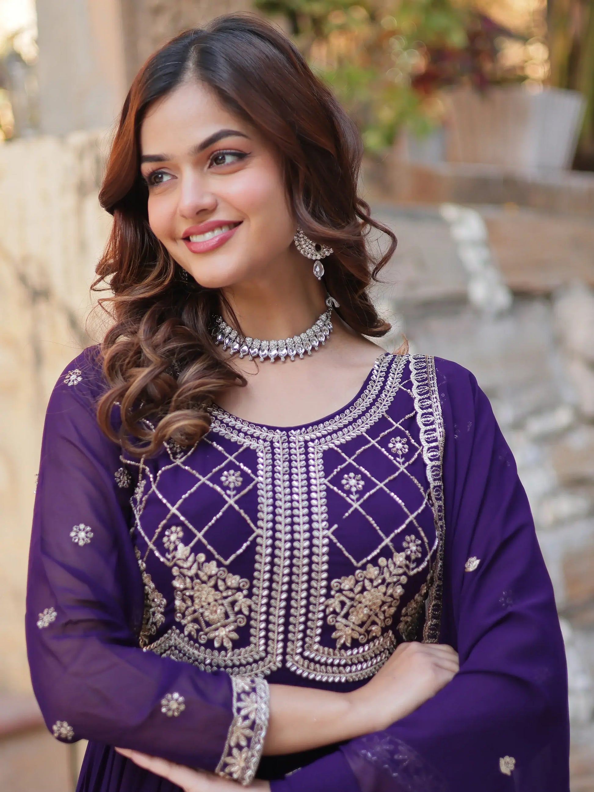 Fabulous Purple Sequins Georgette Traditional Gown With Dupatta - Zeel Clothing