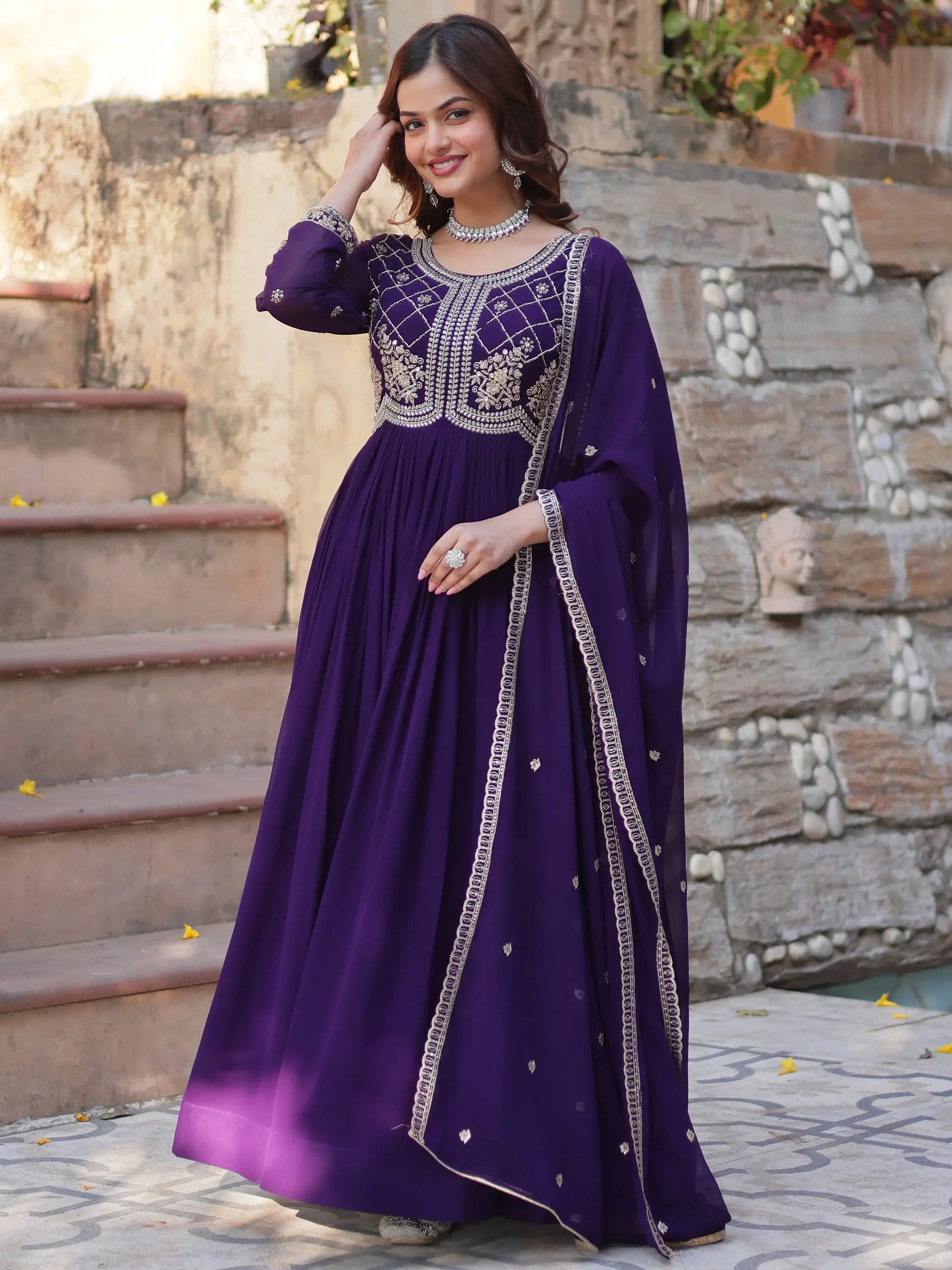 Fabulous Purple Sequins Georgette Traditional Gown With Dupatta - Zeel Clothing