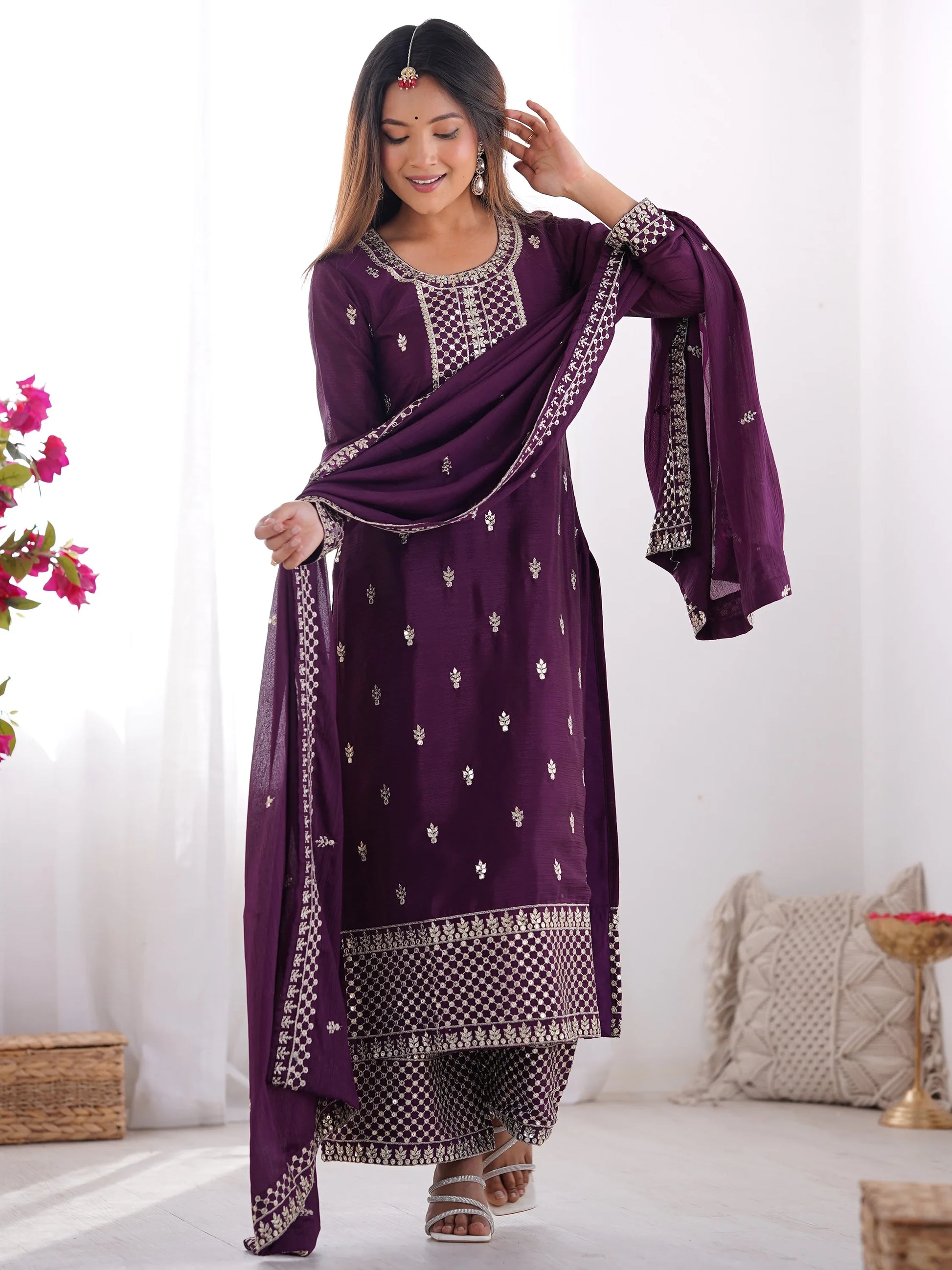 Fabulous Purple Zari Work Chinon Reception Wear Palazzo Suit - Zeel Clothing