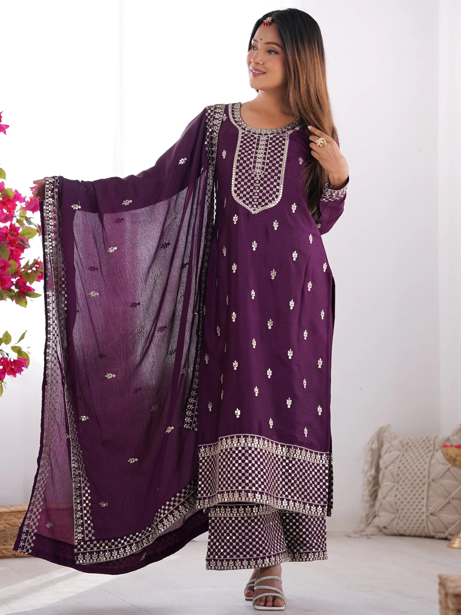 Fabulous Purple Zari Work Chinon Reception Wear Palazzo Suit - Zeel Clothing