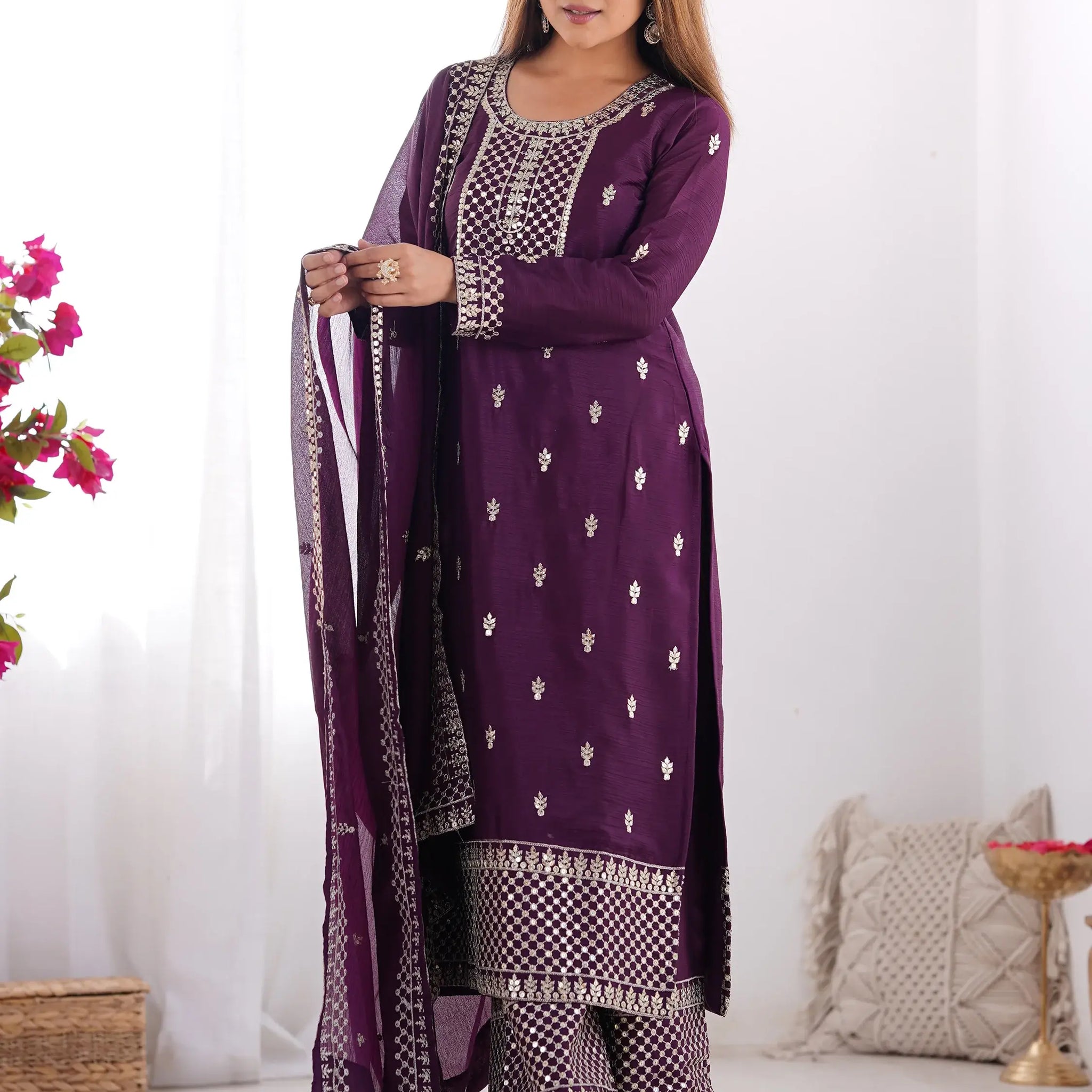 Fabulous Purple Zari Work Chinon Reception Wear Palazzo Suit - Zeel Clothing
