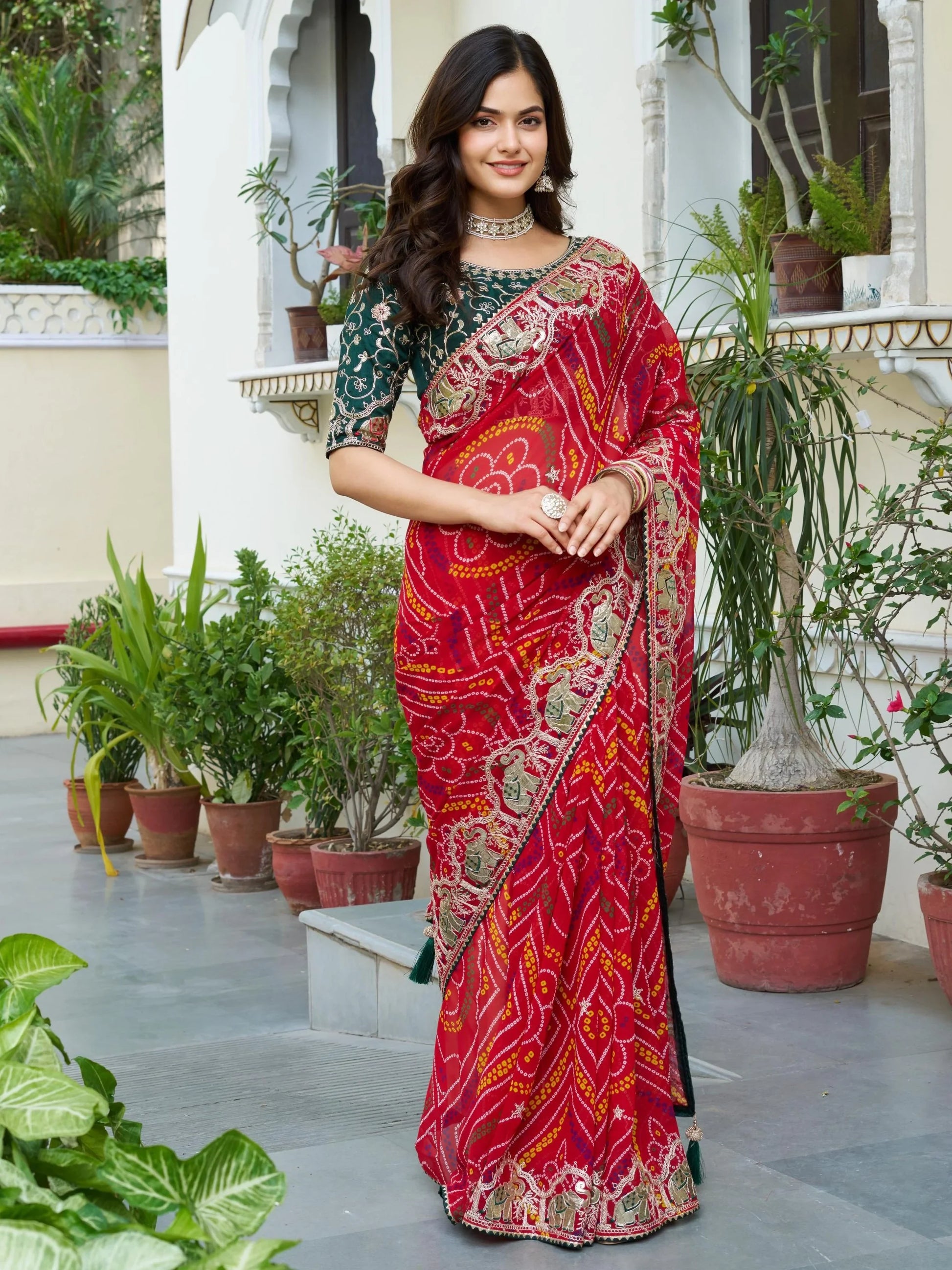 Fabulous Red Bandhani Printed Georgette Wedding Wear Saree With Blouse - Zeel Clothing