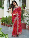Fabulous Red Bandhani Printed Georgette Wedding Wear Saree With Blouse - Zeel Clothing