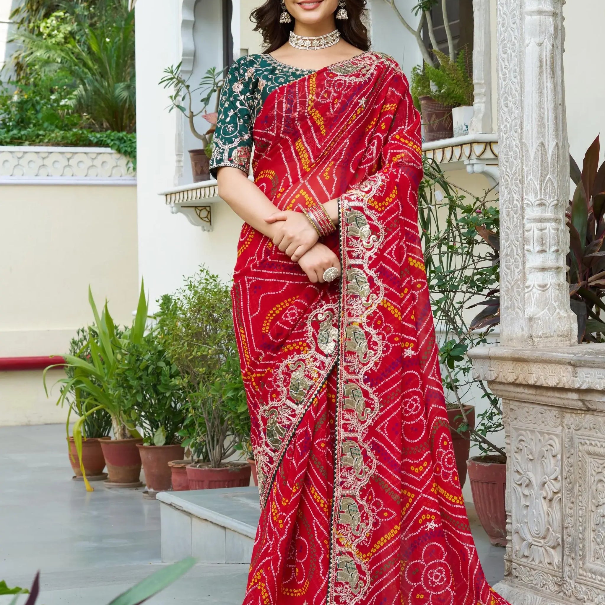 Fabulous Red Bandhani Printed Georgette Wedding Wear Saree With Blouse - Zeel Clothing