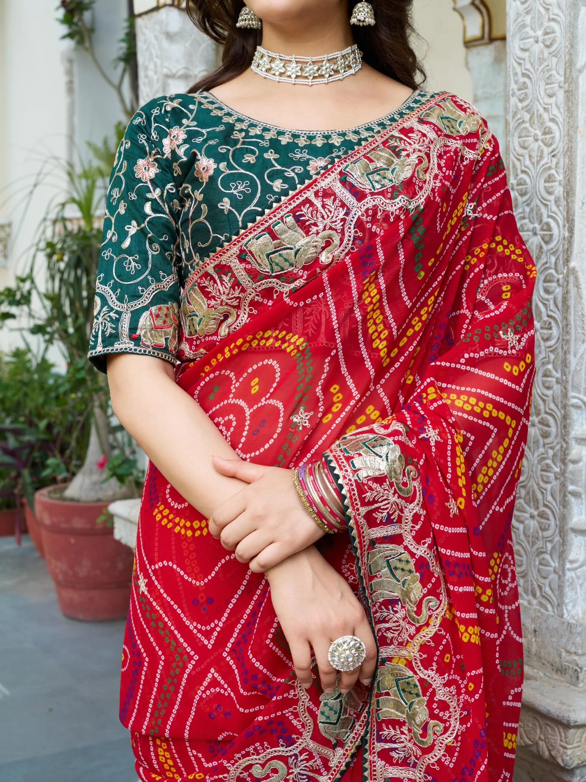 Fabulous Red Bandhani Printed Georgette Wedding Wear Saree With Blouse - Zeel Clothing