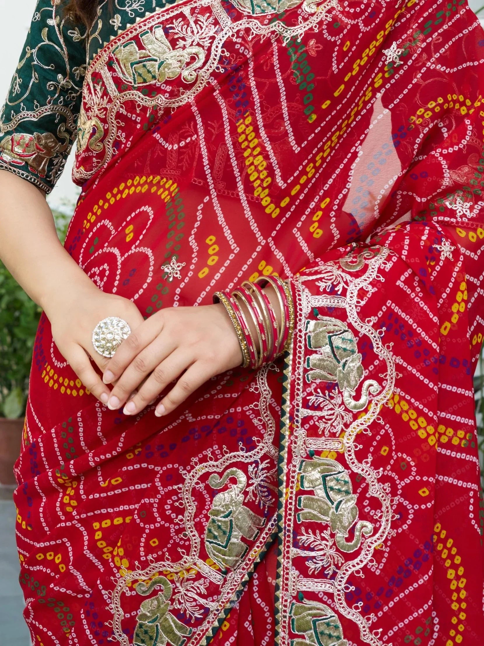 Fabulous Red Bandhani Printed Georgette Wedding Wear Saree With Blouse - Zeel Clothing