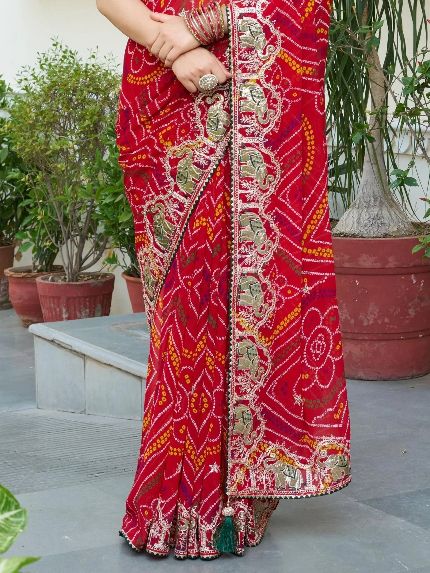 Fabulous Red Bandhani Printed Georgette Wedding Wear Saree With Blouse - Zeel Clothing