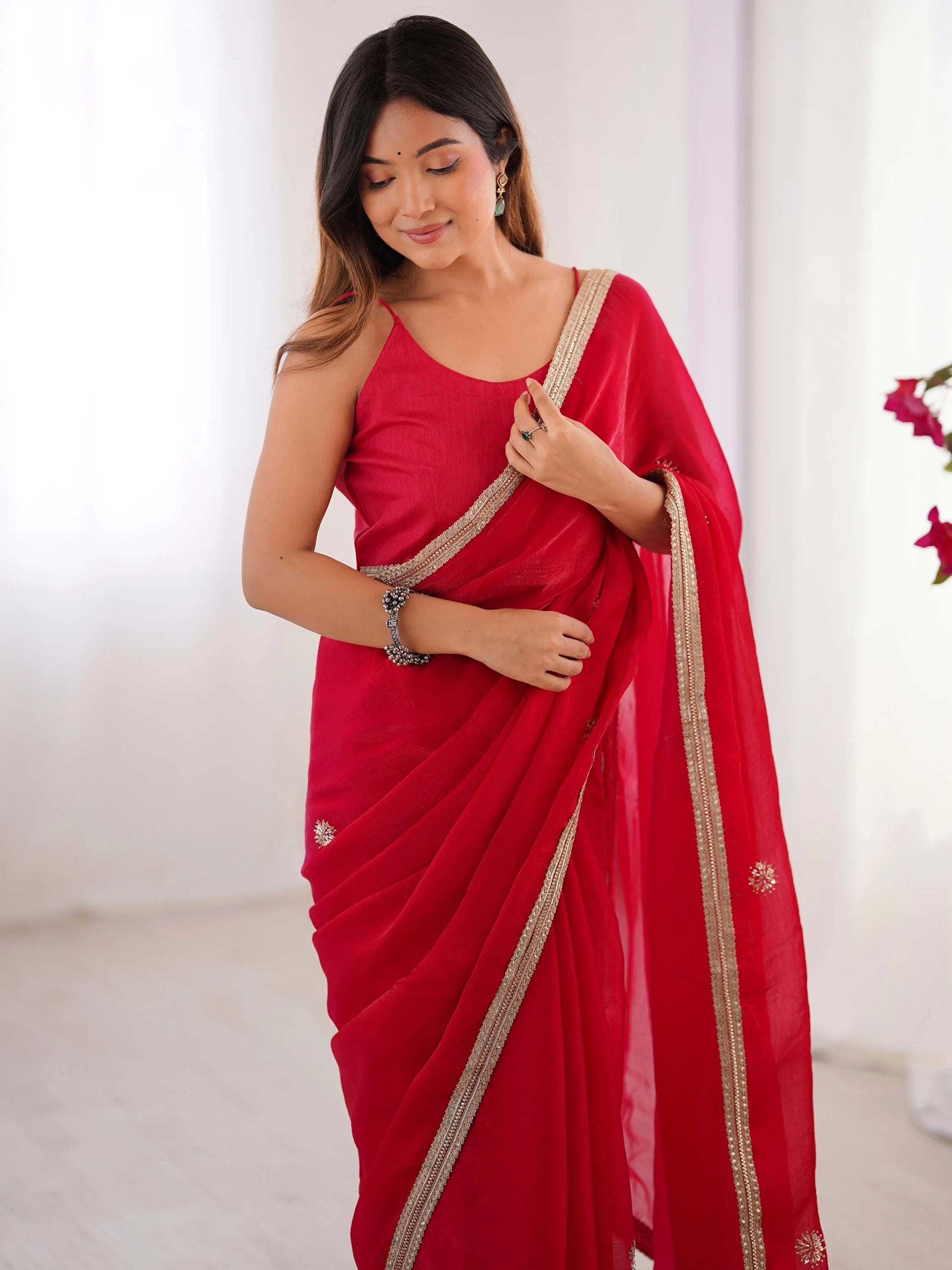 Fabulous Red Beads Work Silk Event Wear Saree With Blouse - Zeel Clothing