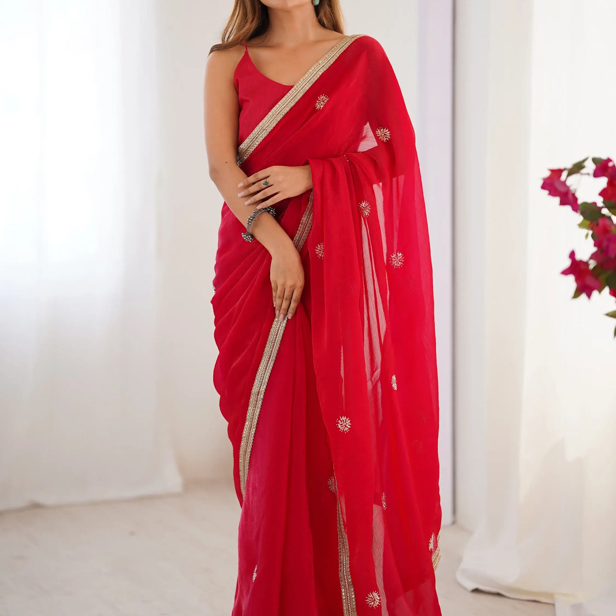 Fabulous Red Beads Work Silk Event Wear Saree With Blouse - Zeel Clothing
