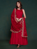 Fabulous Red Georgette Festival Wear Gown With Heavy Dupatta - Zeel Clothing