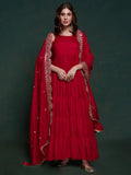 Fabulous Red Georgette Festival Wear Gown With Heavy Dupatta - Zeel Clothing