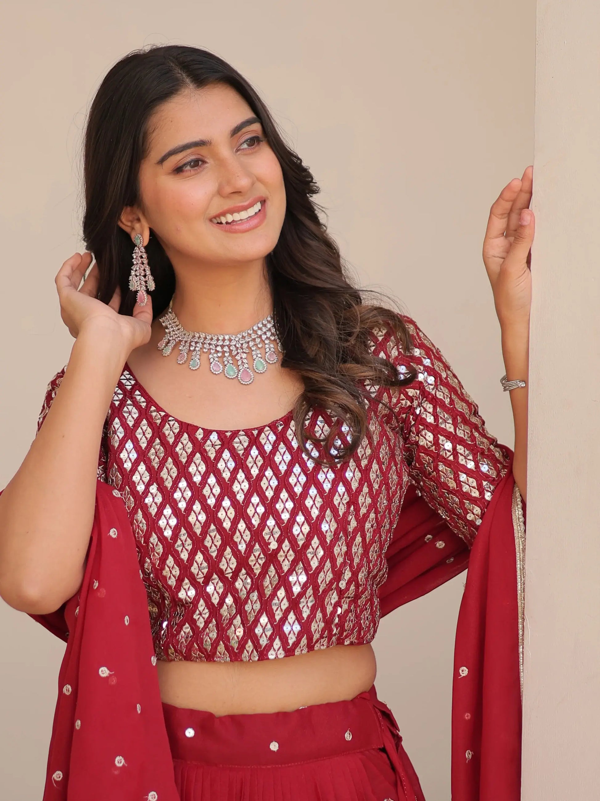 Fabulous Red Sequins Georgette Festive Wear Lehenga Choli With Dupatta - Zeel Clothing