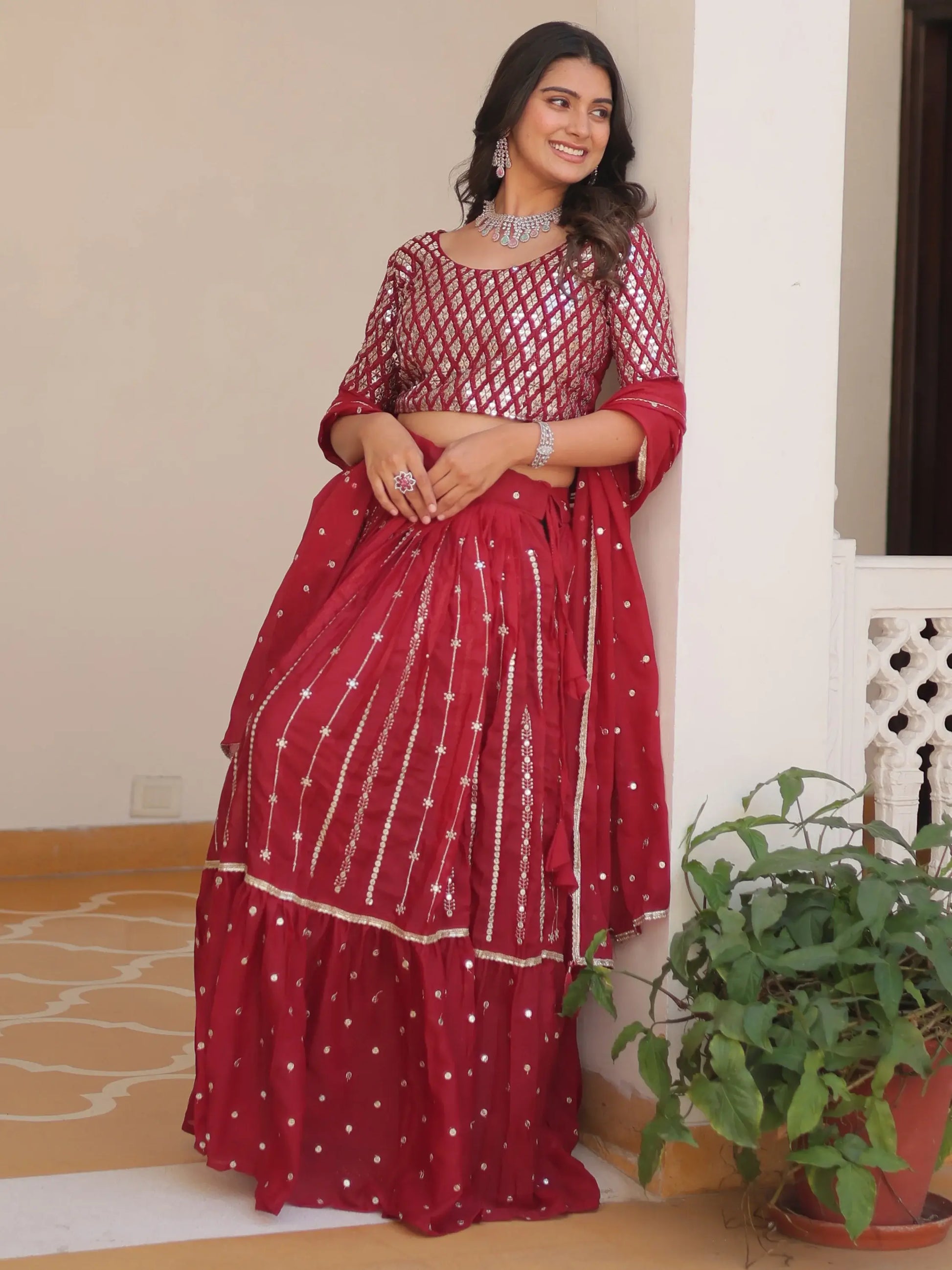 Fabulous Red Sequins Georgette Festive Wear Lehenga Choli With Dupatta - Zeel Clothing