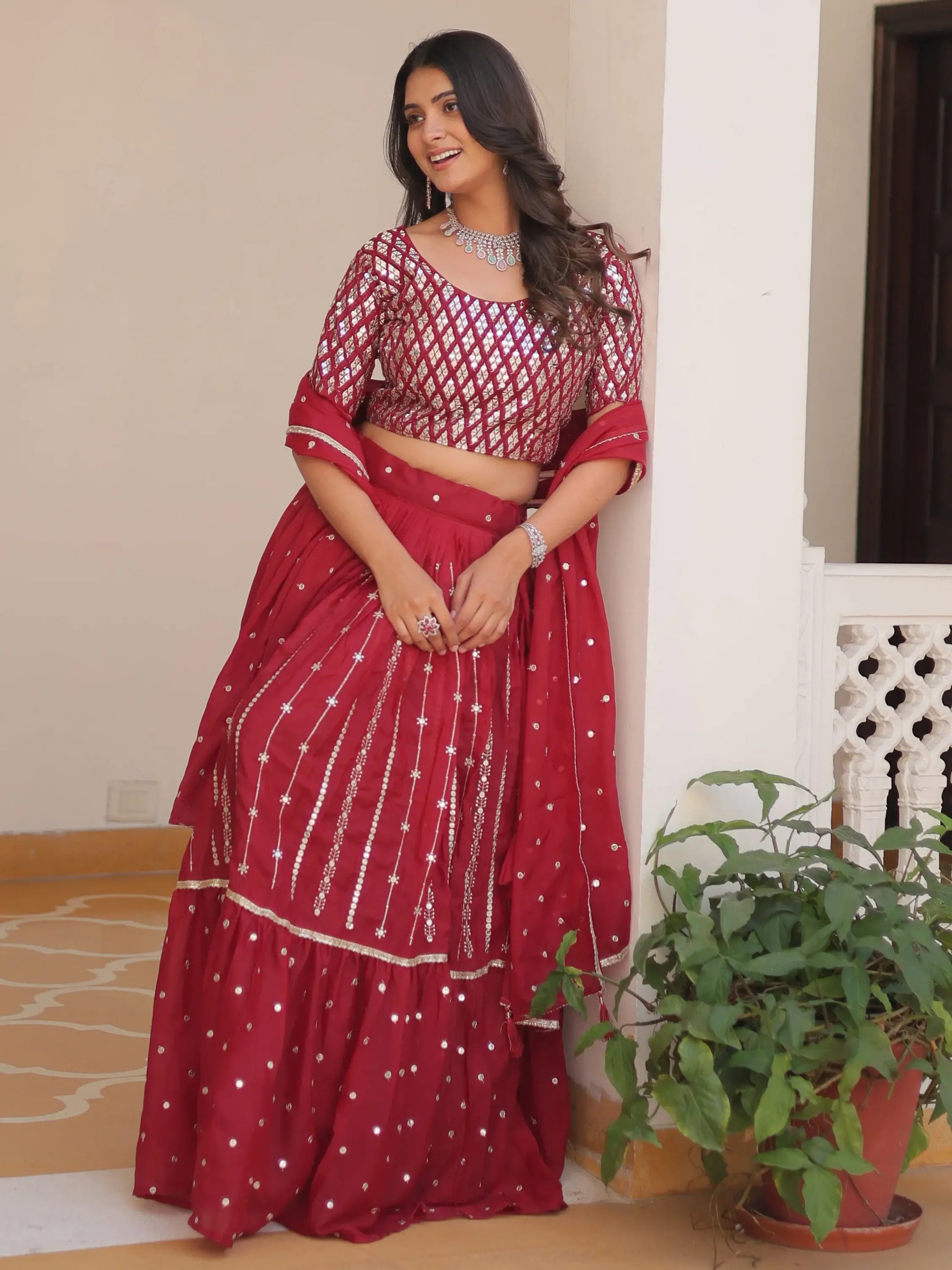Fabulous Red Sequins Georgette Festive Wear Lehenga Choli With Dupatta - Zeel Clothing
