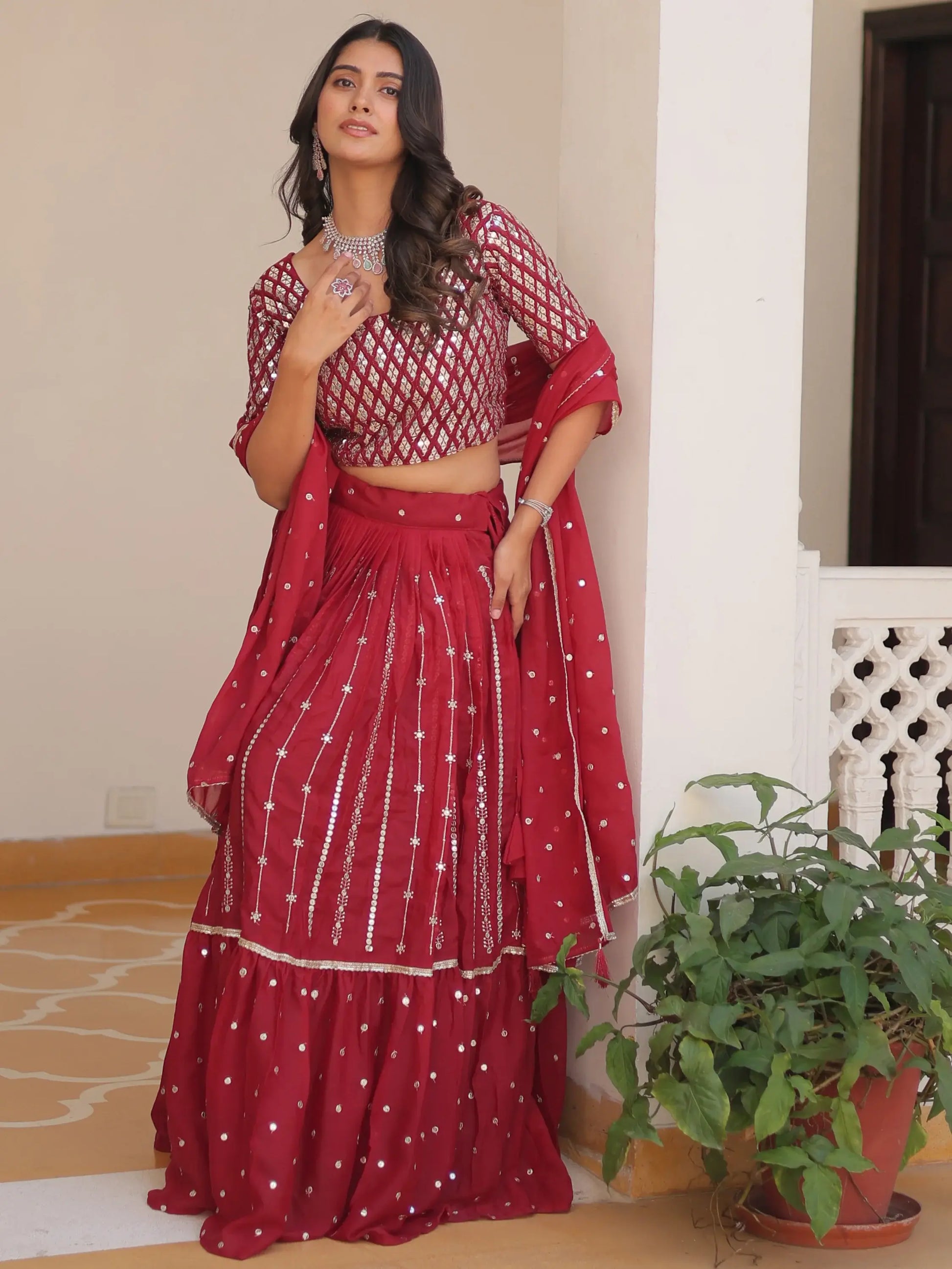 Fabulous Red Sequins Georgette Festive Wear Lehenga Choli With Dupatta - Zeel Clothing