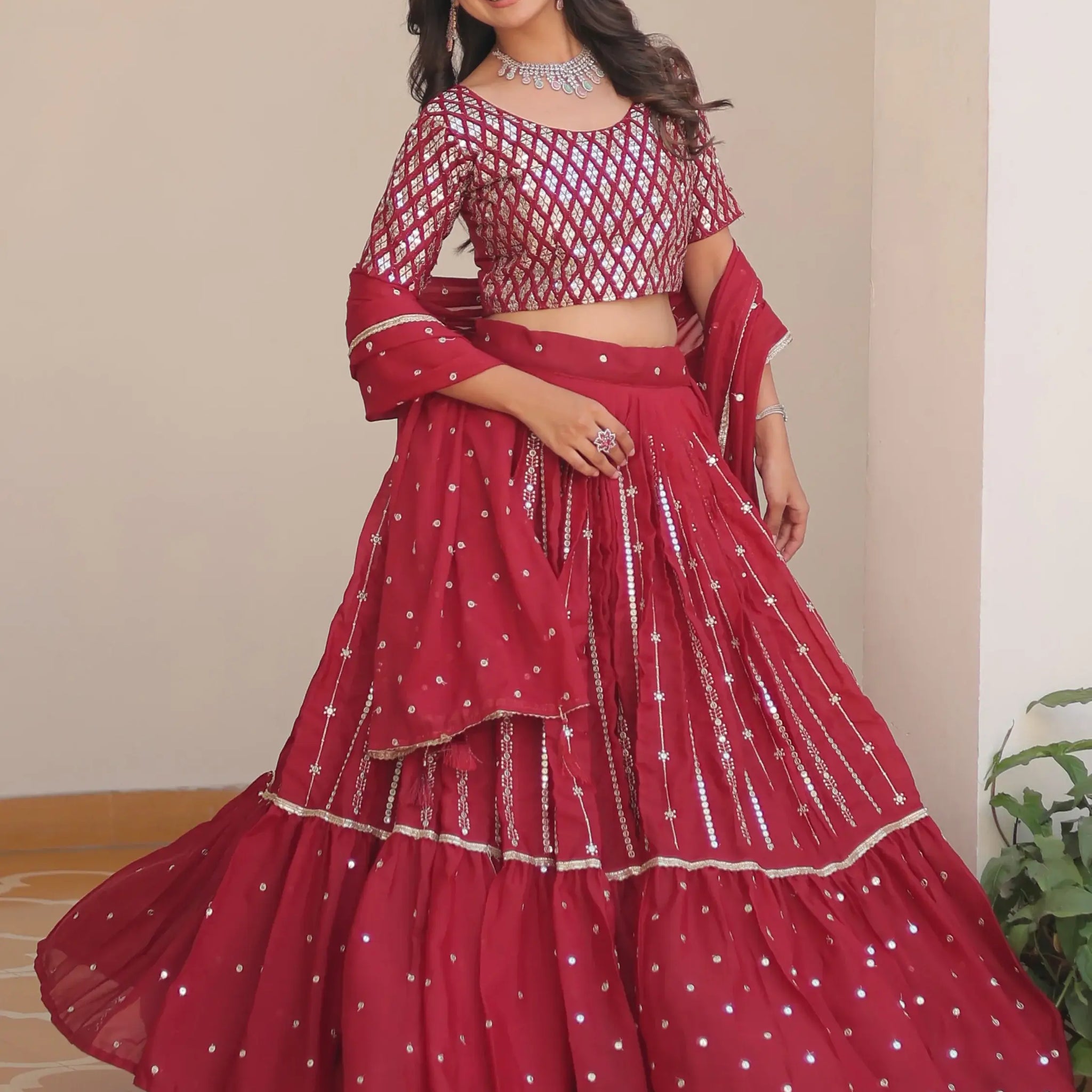 Fabulous Red Sequins Georgette Festive Wear Lehenga Choli With Dupatta - Zeel Clothing