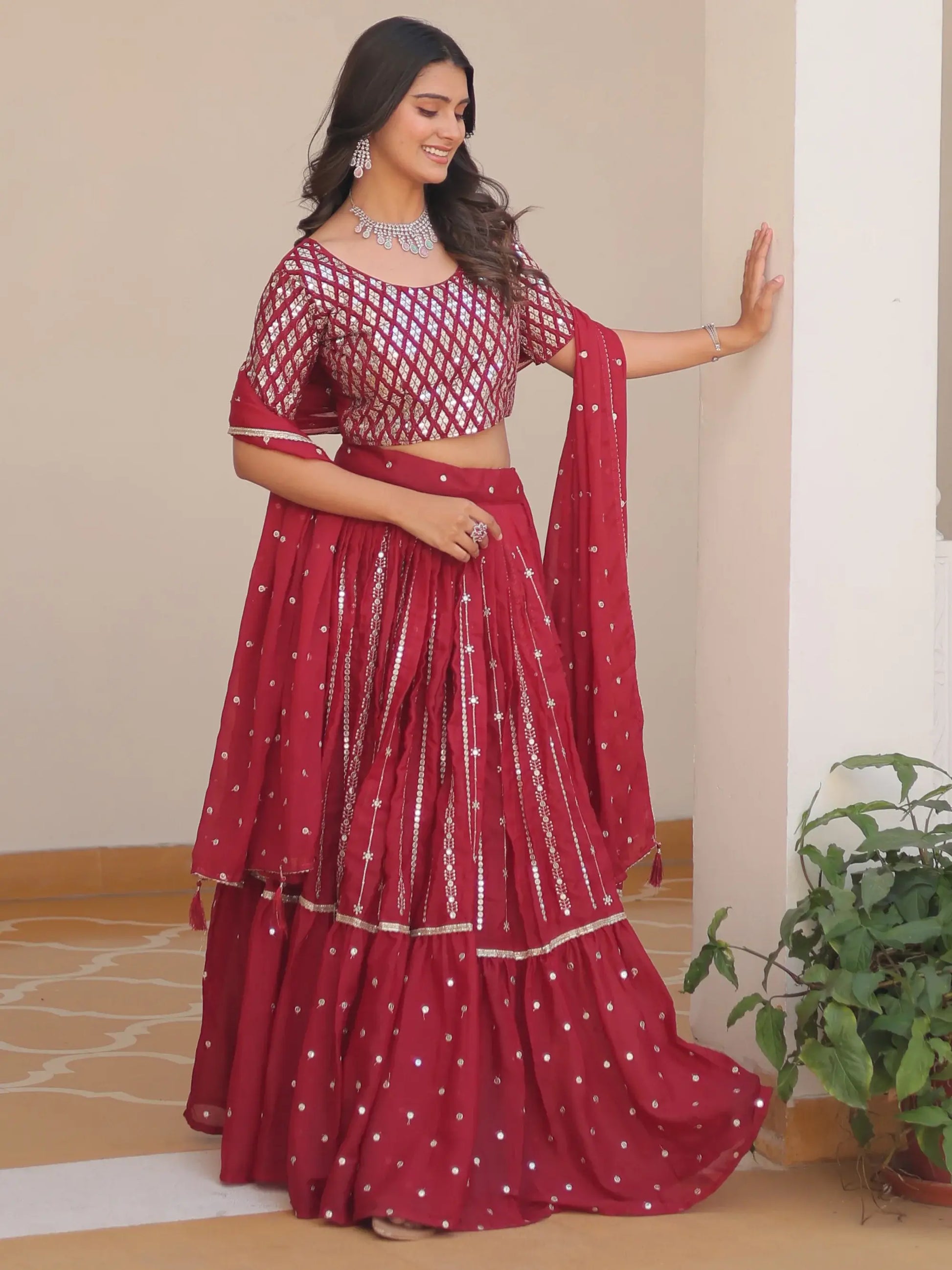 Fabulous Red Sequins Georgette Festive Wear Lehenga Choli With Dupatta - Zeel Clothing