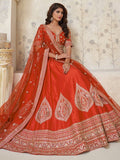 Fabulous Rust Orange Dori Work Silk Evening Wear Lehenga Choli With Dupatta